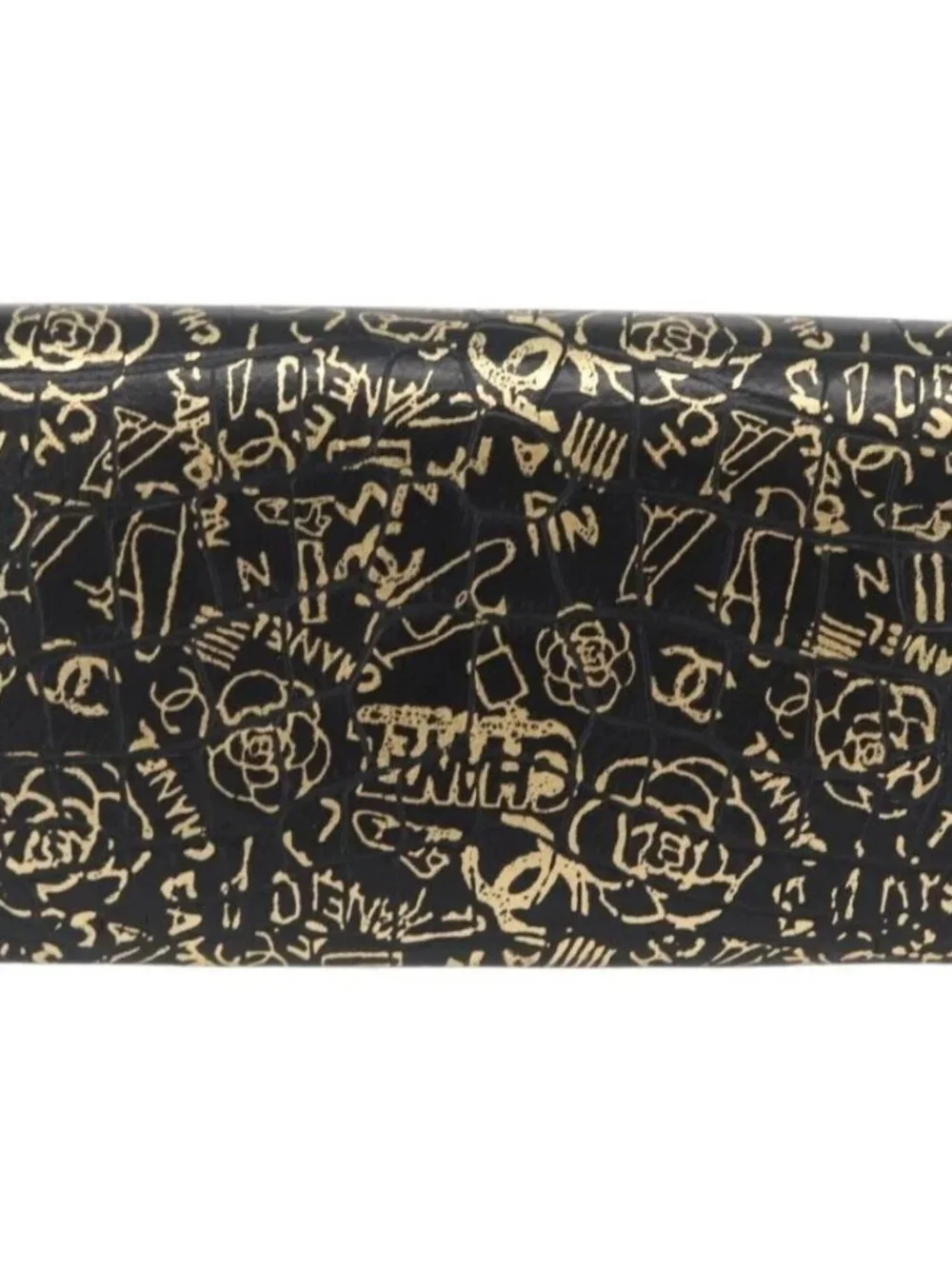 CHANEL 2.55 Long Wallet Croco Embossed Black Gold CC Auth 172450SAV